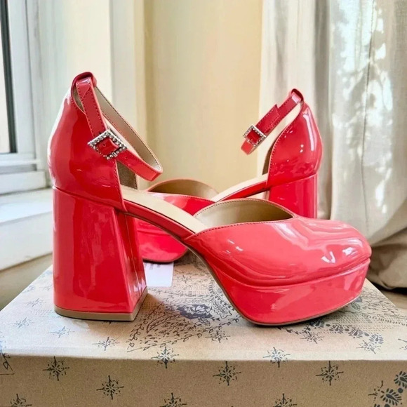 Urban Outfitters Platform Heels Patent Neon Barbie Pink Block Heel Ankle Pink 8 - Picture 1 of 13